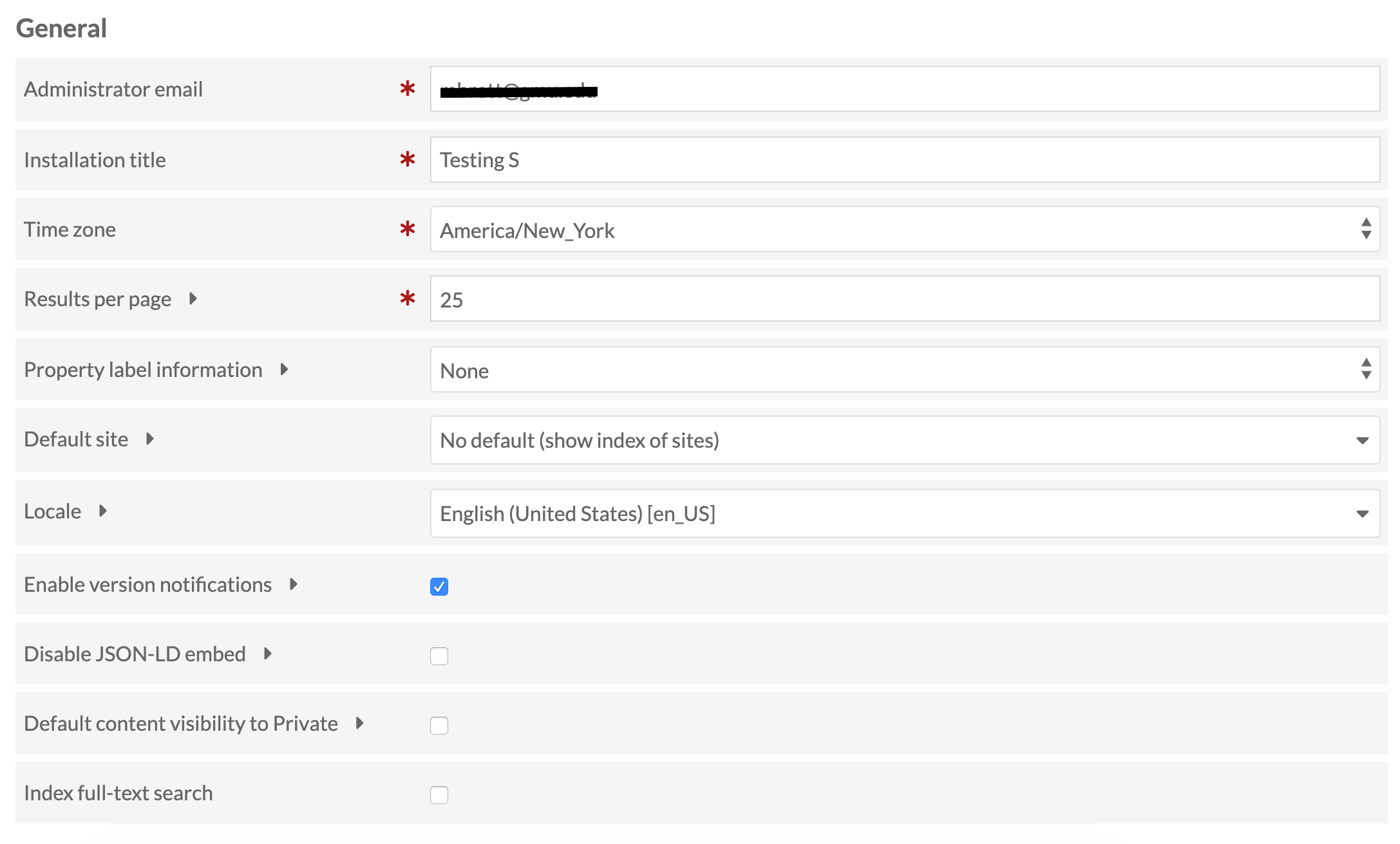 General settings with fields as described below