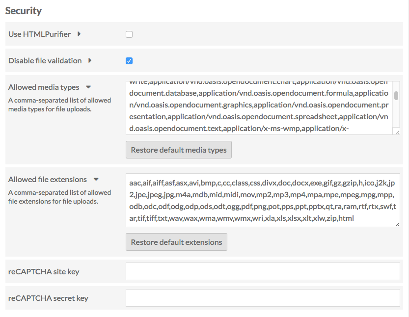 Security settings with fields as described below