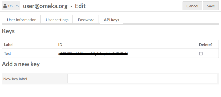 API tab for user Omeka Devs with one generated but hidden API key, and below it the ability to create a new key