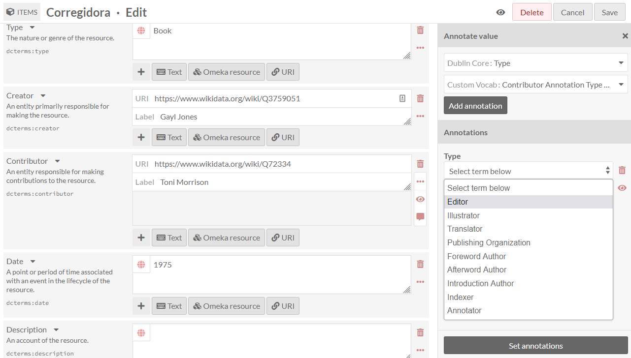A screenshot of an item entry with an annotation on DC:Contributor, loading a custom vocabulary named "Contributor Annotation Type", and the terms displayed including "Editor," "Translator," "Publishing Organization," and more.