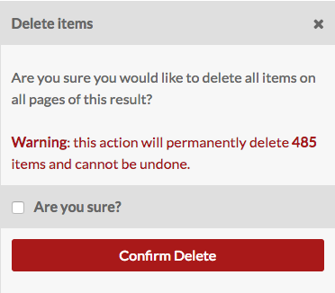 Close up of the warning, with the text describing the number of items to be deleted in red.