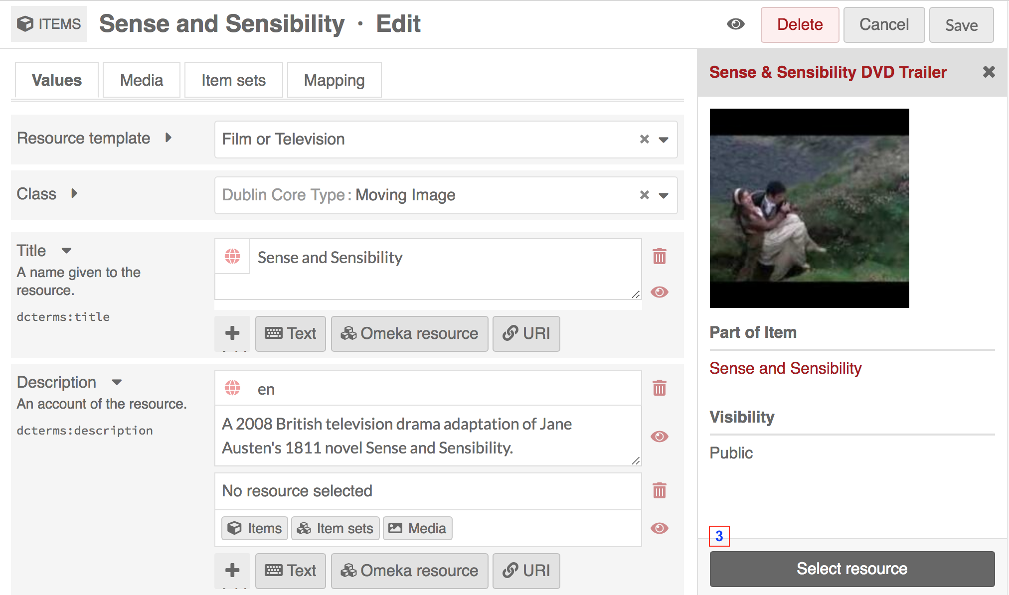 The same window as before, but now the drawer on the right displays a thumbnail of the media "Sense and Sensibility DVD Trailer" with a dark gray button labeled "select resource" at the bottom of the drawer area. This image contains step 3