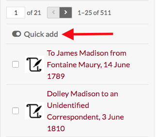 a red arrow points to the slider button for "Quick add". The two items visible have an empty checkbox to the left of their representative thumbnail