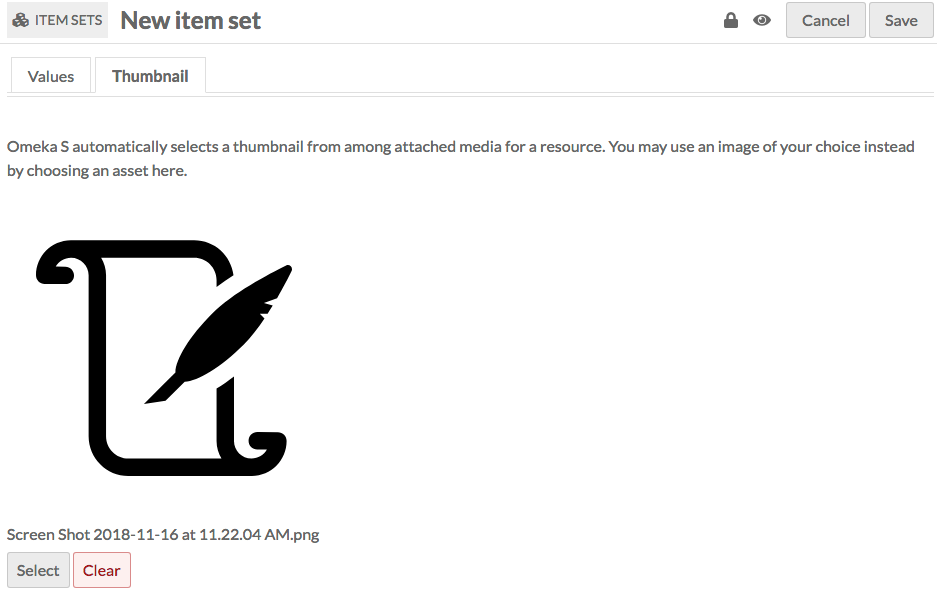 Add item set open to Thumbnail tab, where an asset which is an image of a quill pen on a scrolled piece of paper is in the main work area. Below it are buttons for Select and Clear