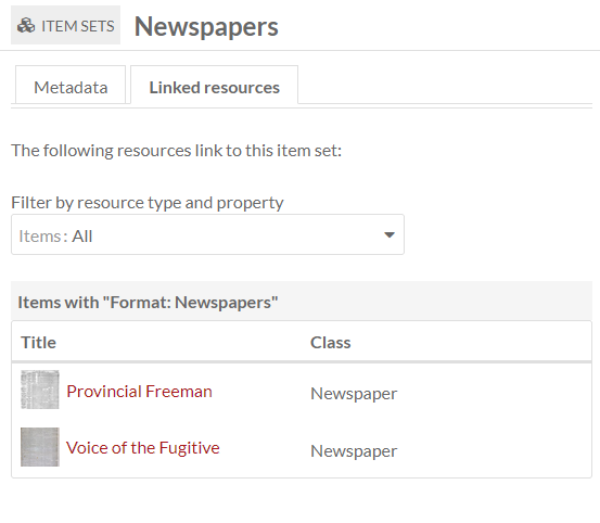 An item set showing the Linked resources tab, where two items are using the item set as a value for the property "Format".