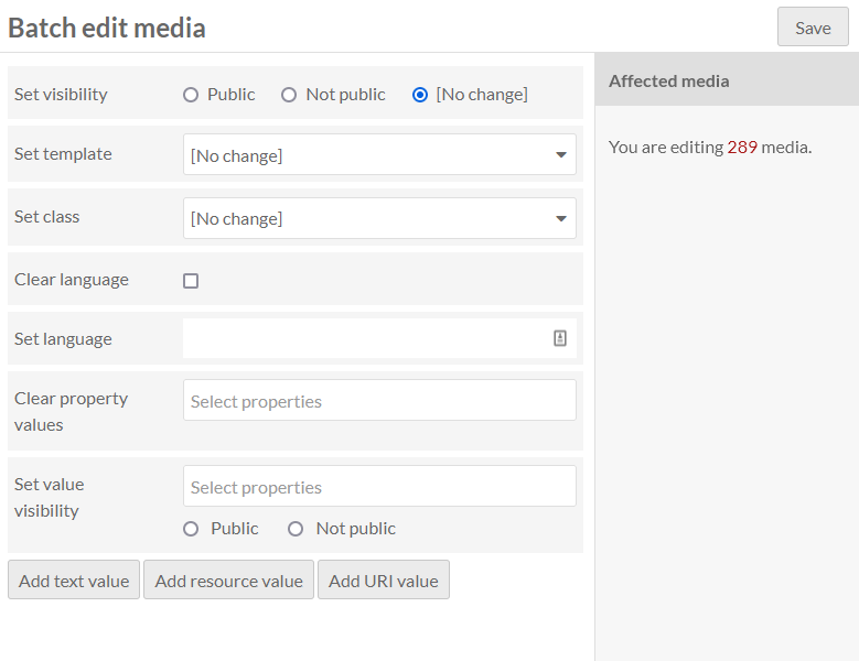 Batch edit media form, with options as described above.