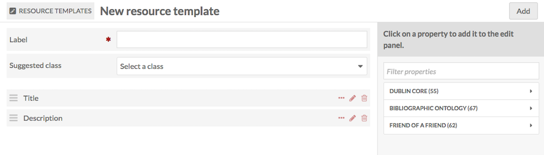 The Add resource template page, with fields for title, class, and properties Title and Description pre-loaded