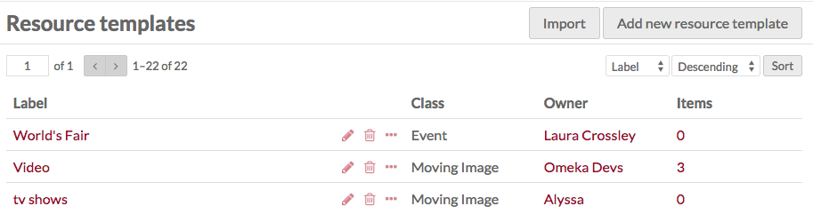 Basic view of resource templates tab, showing the column titles and one template