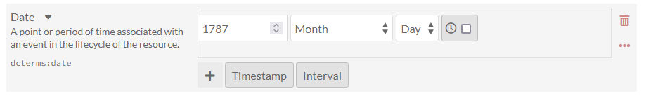 An item editing page, showing a dcterms:date property restricting the input to Timestamp and Interval data types.