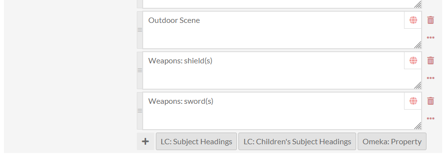 An item editing page, showing a dcterms:subject property with existing textual inputs and the option to add more using the Value Suggest module's additions of "LC: Subject Headings", "LC: Children's Subject Headings", and "Omeka: Property".