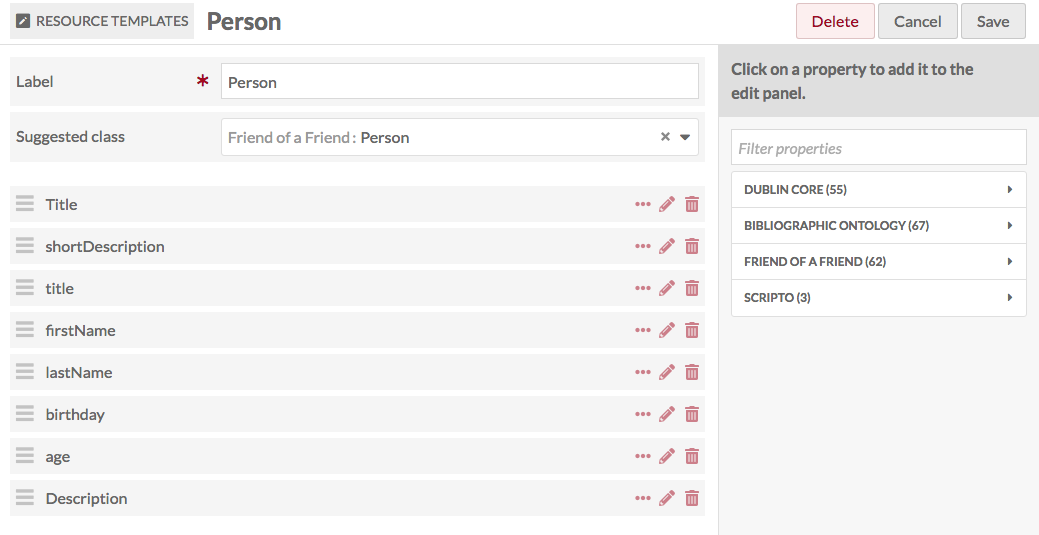 Edit view of the template Person. There are eight properties in use.