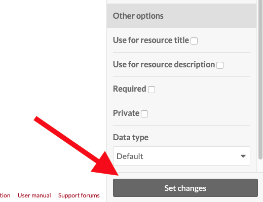 A close up of the drawer for editing property options with a large red arrow pointing down at an angle to the Set Changes button, which is on the very bottom of the image.