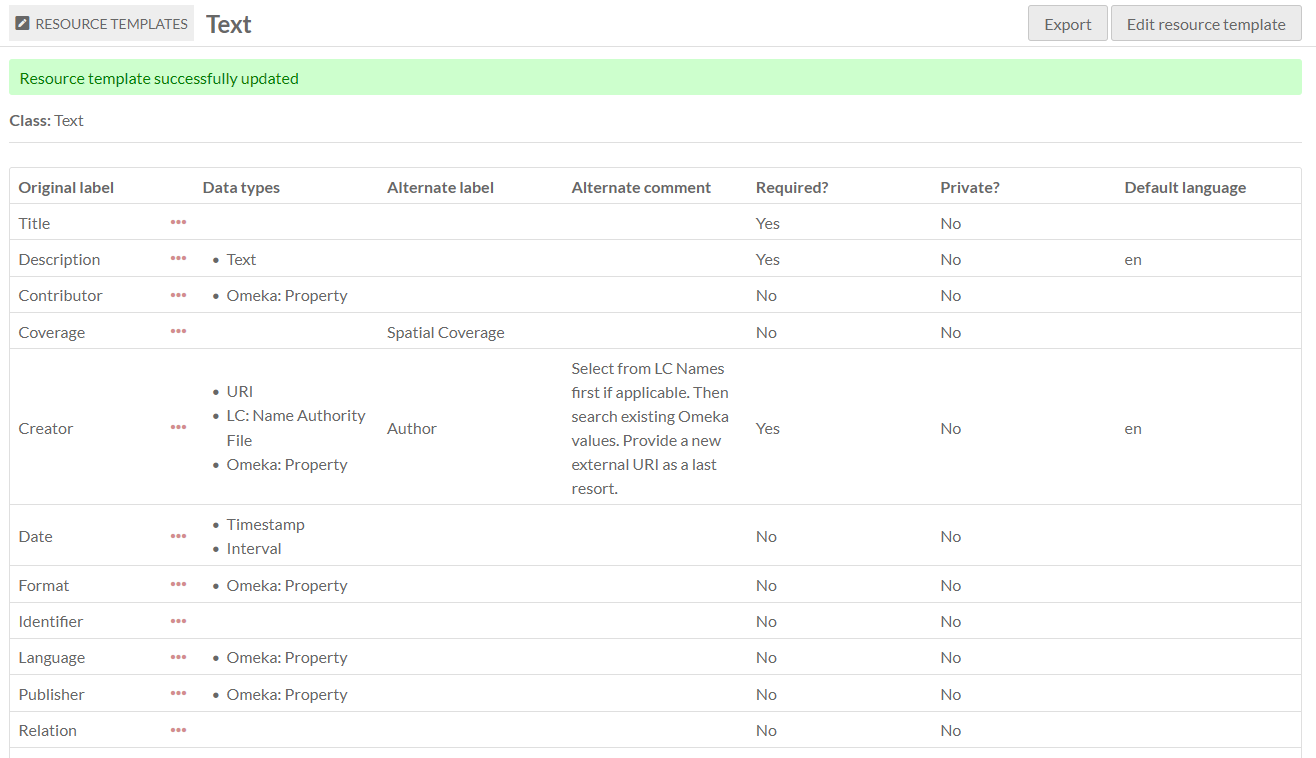 Template view for the "Postcard" template with properties for title, description, creator, transcript of, and recipient