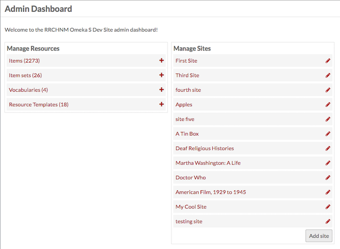 Close up of manage resources and manage sites boxes