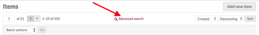 Advanced search button indicated with a red arrow.