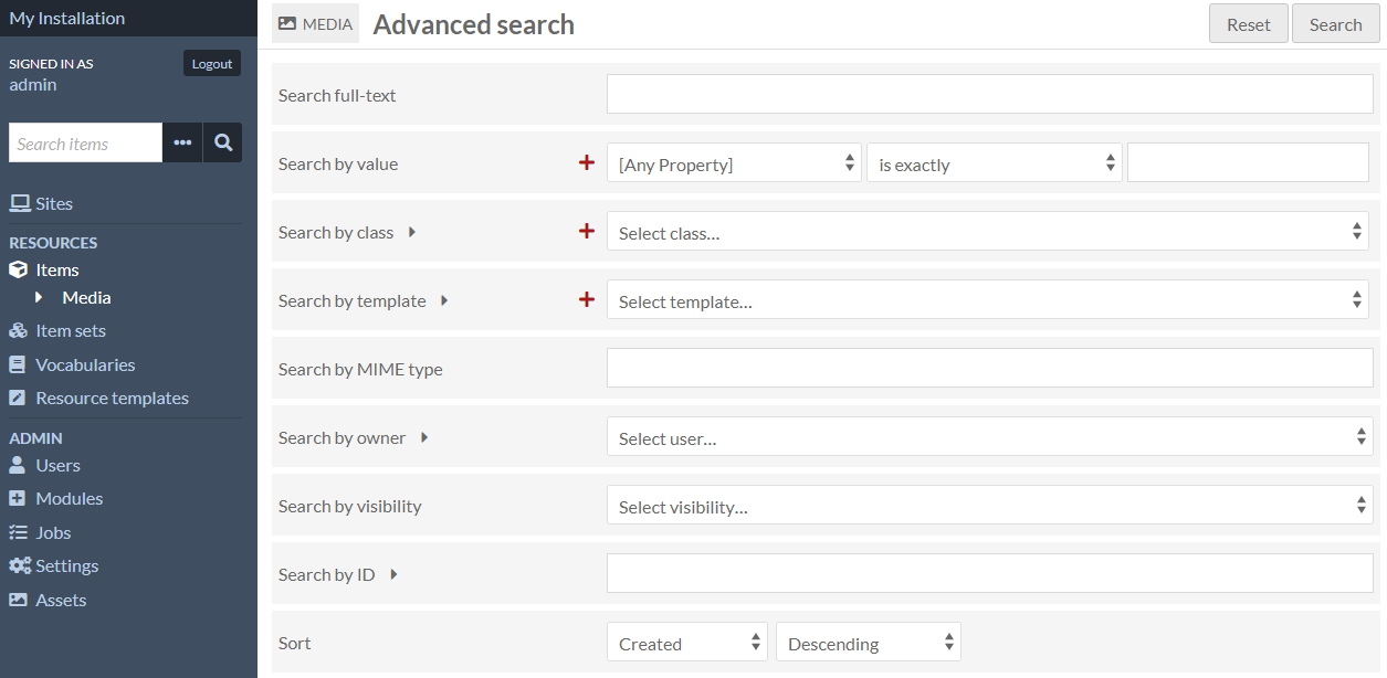 Advanced media search options form, with fields as described above.