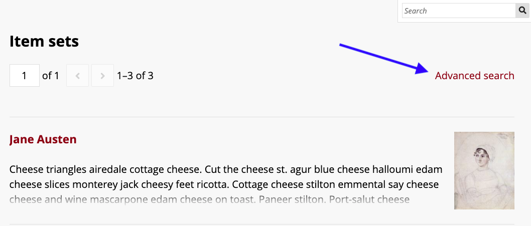 Item sets page for the Jane Austen site. A blue arrow points to the advanced search link
