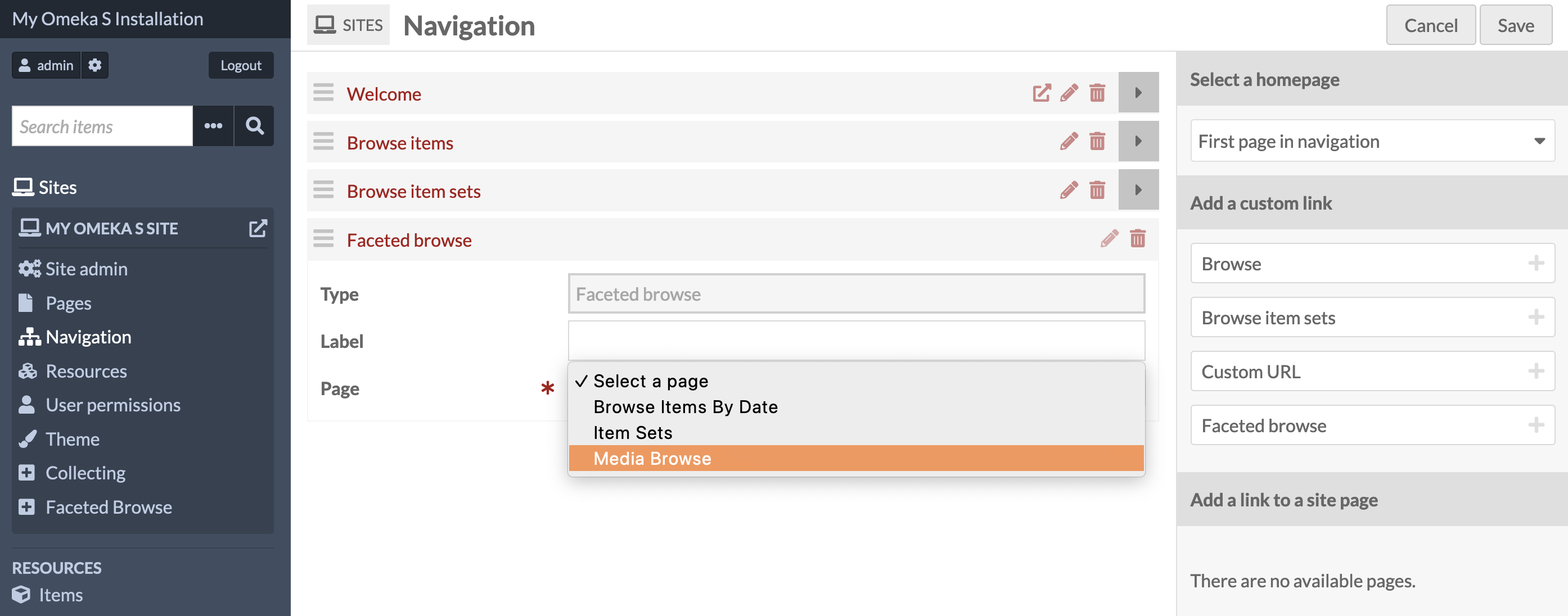 The navigation screen showing the Faceted Browse page addition dropdown open to see available pages