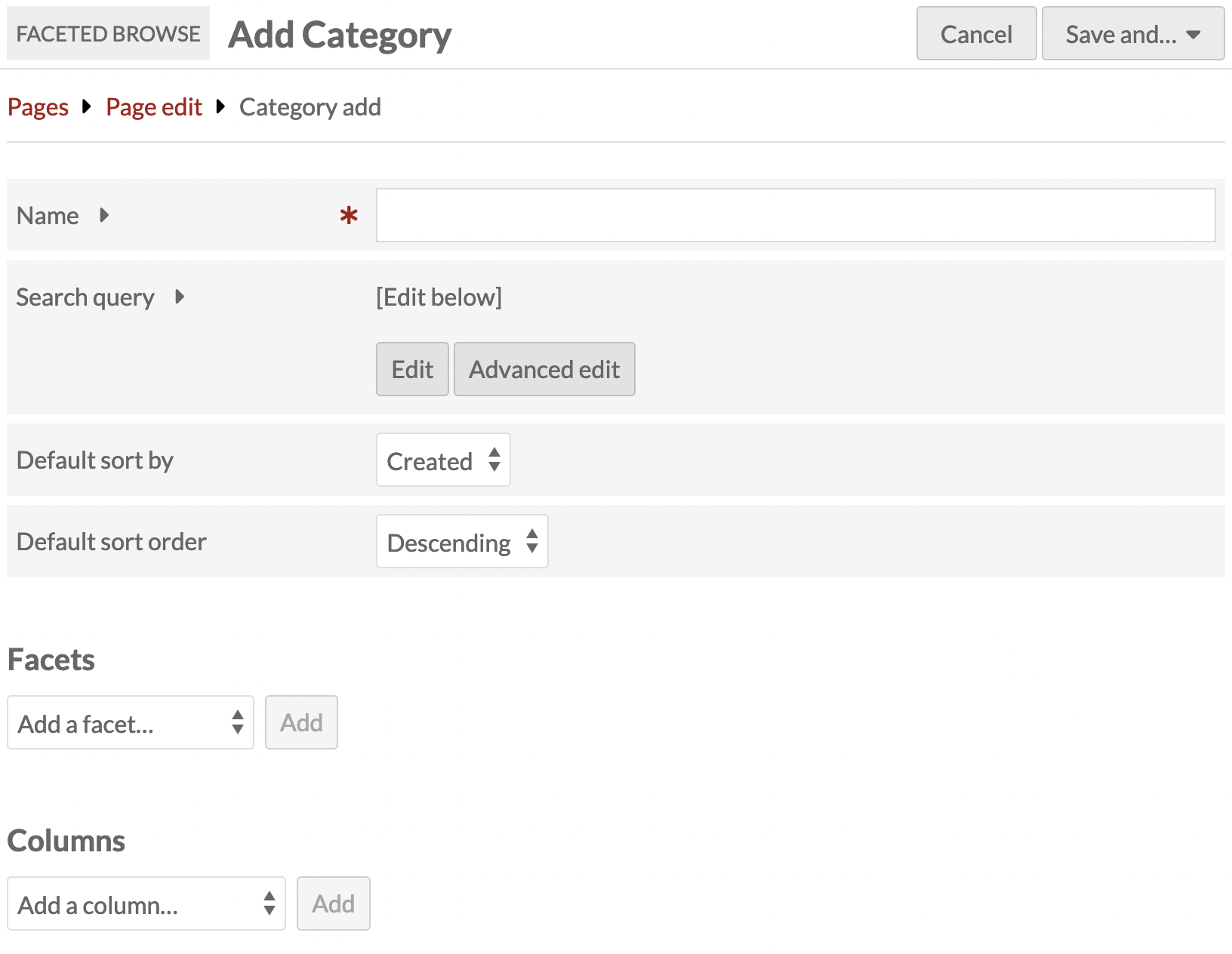 Add category form showing Name, query, Default sort, Facets, and Columns options