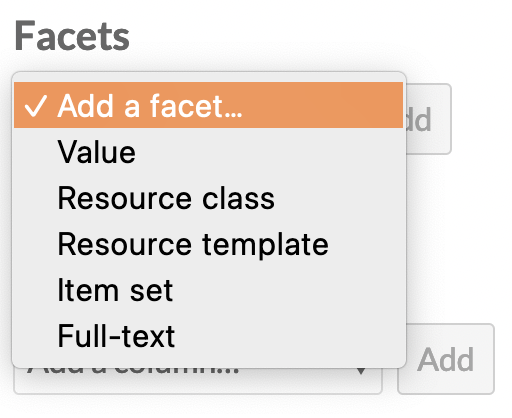 Facet Type dropdown menu showing options