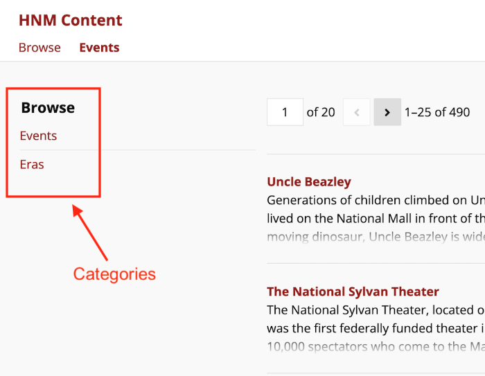 Faceted browse page with two categories. The categories are highlighted in a red annotation box labelled "Categories"