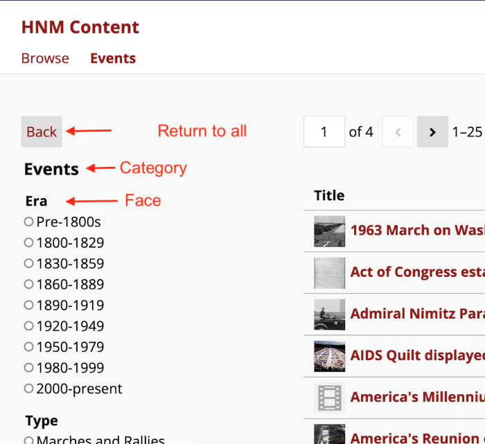 A faceted browse page with facets visible. The category heading shows up above the facets. Over that is a button labelled "Back". Annotations indicate the button, category, and facet headings.