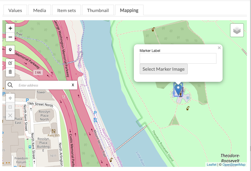 Closeup of map with a marker selected. There is a field to enter the maker label.