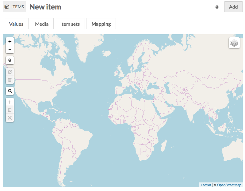 Screenshot of the Add/Edit Item Page with Mapping tab selected. Large World Map with white buttons described below