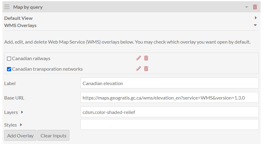 Map page block with only the WMS Overlays section open. Two overlays already exist, one selected to display as default. The form is being filled with the details for a third overlay.