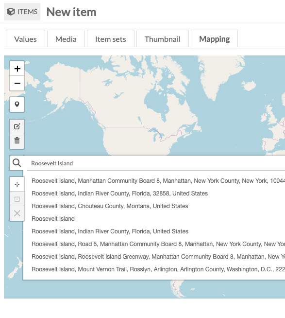 Mapping tab with a search for "Roosevelt Island" in the search view. Below the search field are a number of suggested locations.