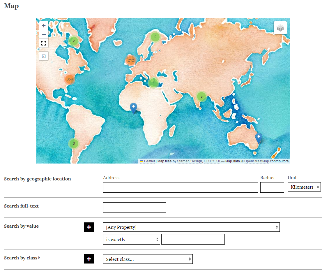 The Map Browse page on the Thanks Roy theme, with a watercolour basemap selected.