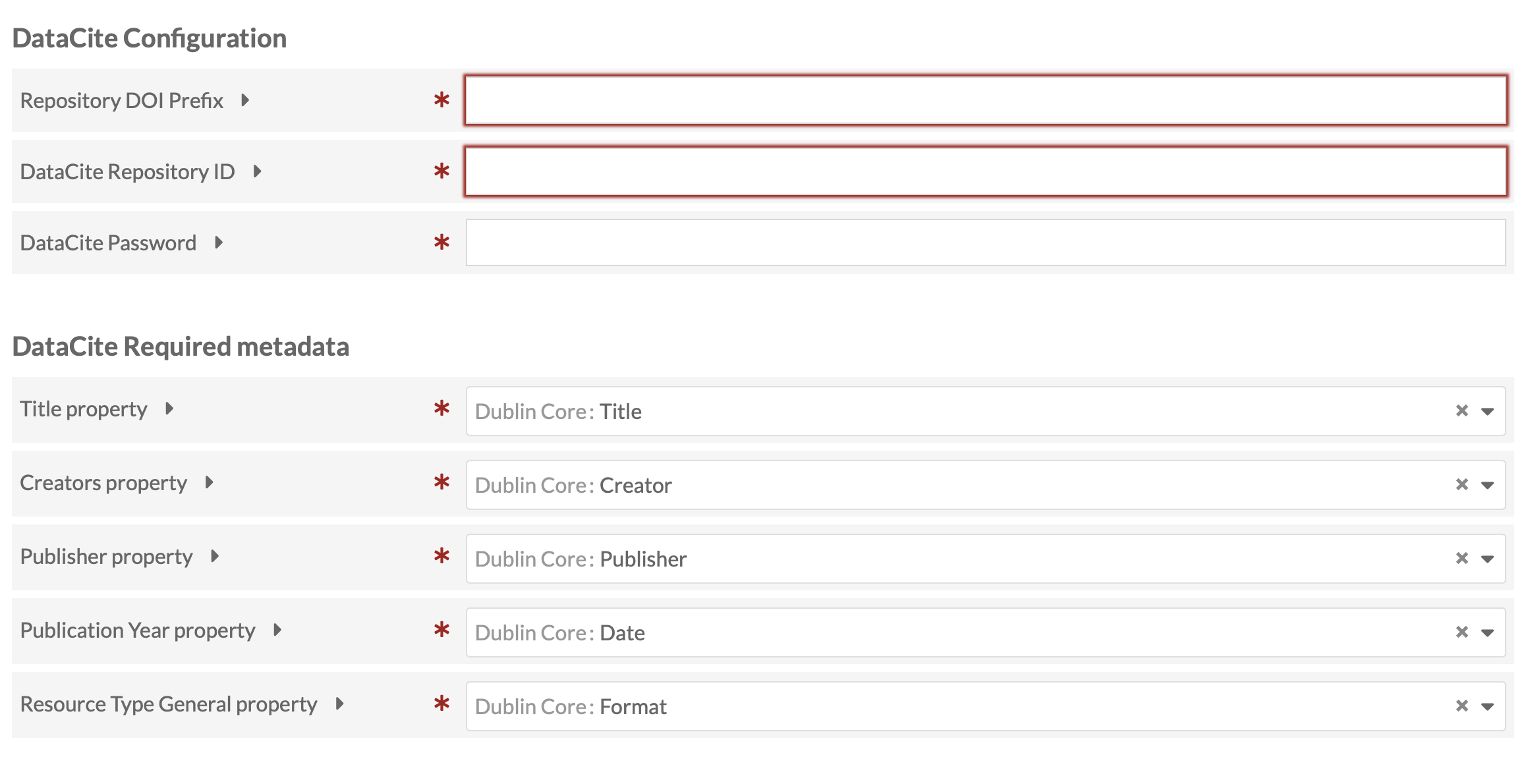 DataCite specific configuration options