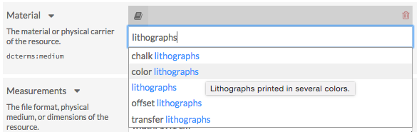 アイテムのプロパティ素材に「lithograph」と入力され、ドロップダウンメニューが用語をオートサジェストし、「color lithographs」が選択されています。小さな重ね合わせられたウィンドウに「Lithographs printed in several colors.」というヘルパーテキストが読めます