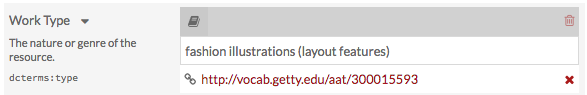 アイテムプロパティの作品タイプに「Fashion Illustrations (layout features)」が選択されていて、その下にゲッティコレクションへのリンクが赤色のURLで表示され、小さな赤の「X」があります