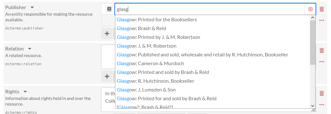 「Glasg」で始まる他のアイテムからいくつかのオプションを提案するために使用されている発行者フィールドのスクリーンショット