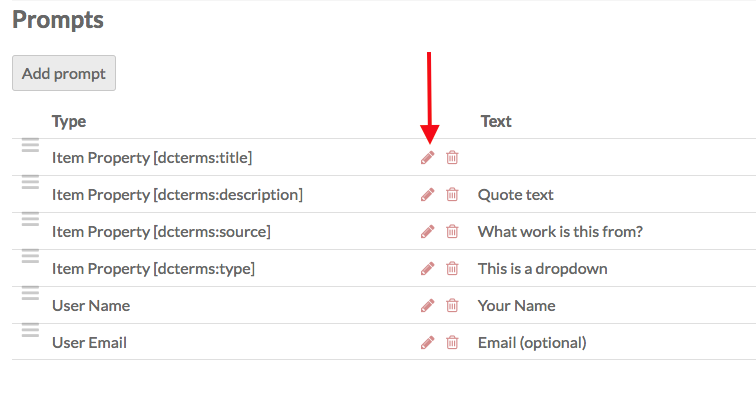 Prompts with a red arrow pointing at the column of edit buttons