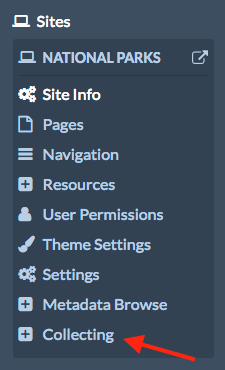 Red arrow points to the Collecting tab of the site National Parks