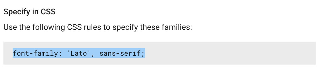 Screenshot of "Specify in CSS" section with font-family rule ("font-family: 'Lato', sans-serif;") highlighted.