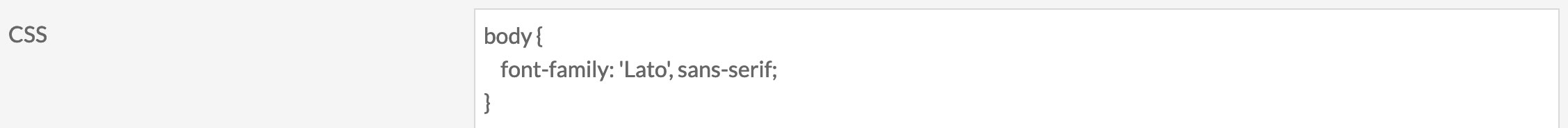 Screenshot of CSS Editor module interface, cropped to focus on CSS text area with pasted body font-family rule ('body {font-family: "Lato", sans-serif;}').