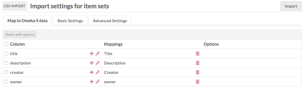 Mappings for a spreadsheet with four columns, all of which have been automapped