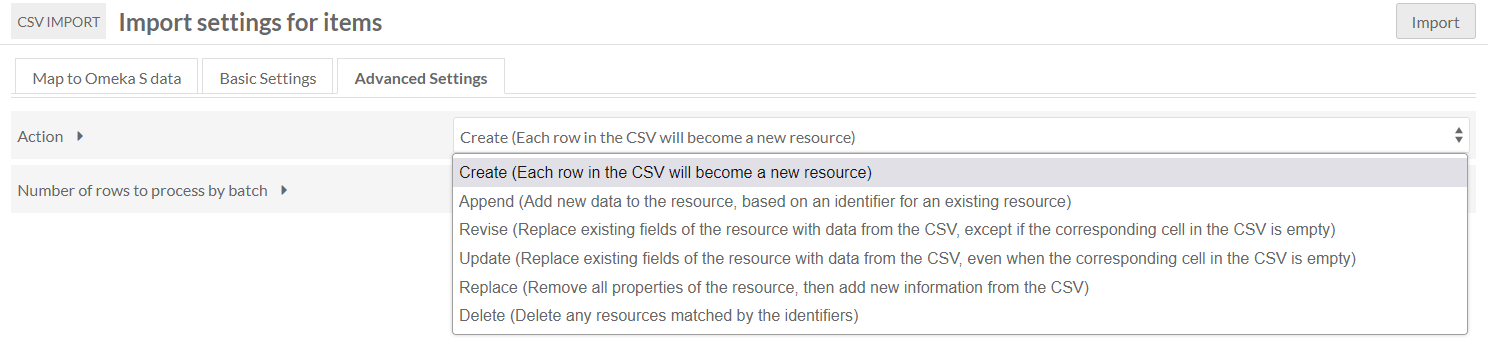 Advanced settings page showing only the Action dropdown and the field for number of rows to process. 