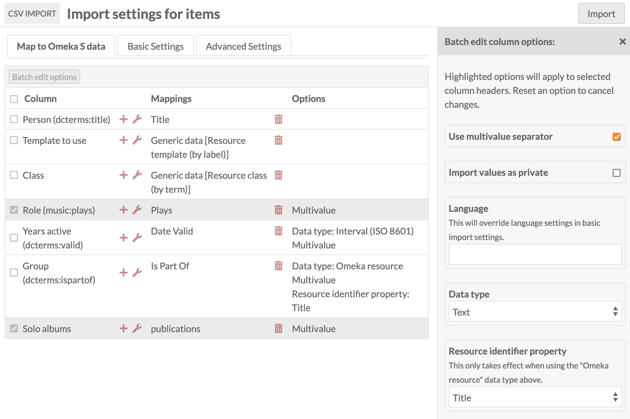 a screenshot of the Mapping tab, with two column boxes checked. On the right side of the screen, a drawer offers options for changing the settings.