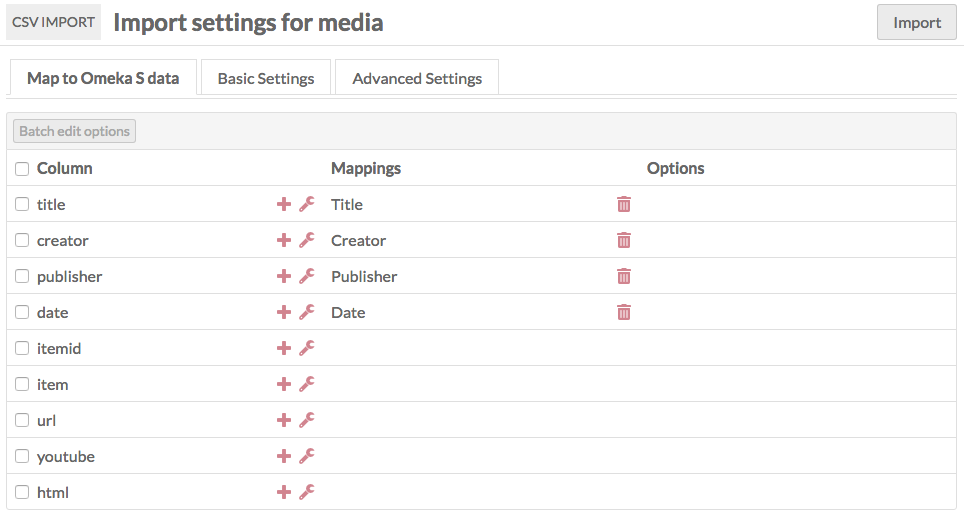 Mappings for a spreadsheet with ten columns. Some of the columns, such as those named Description and Title have automatically been mapped to Dublin Core properties.