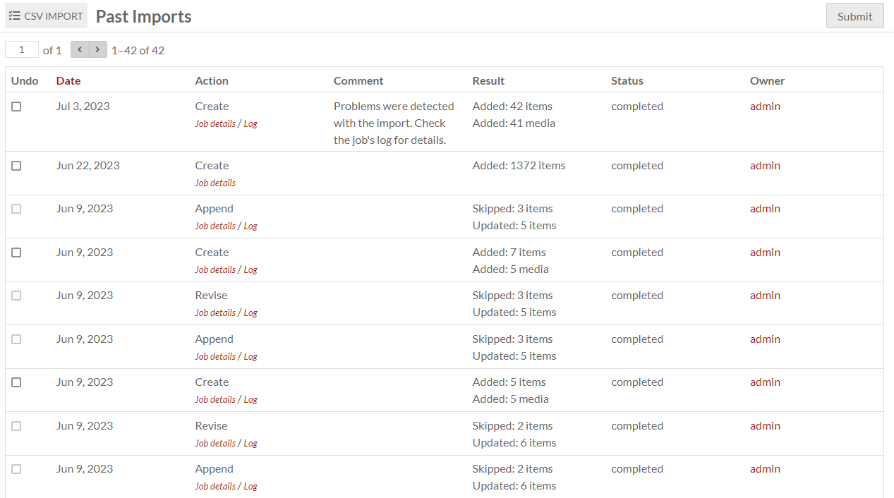 CSV Import past imports table