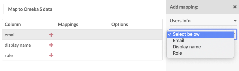 The same table as above, now with the mapping drawer open and the dropdown activated to show the three options.