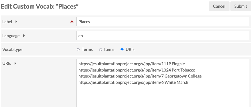 Add Custom Vocab with data entered in the label and terms fields