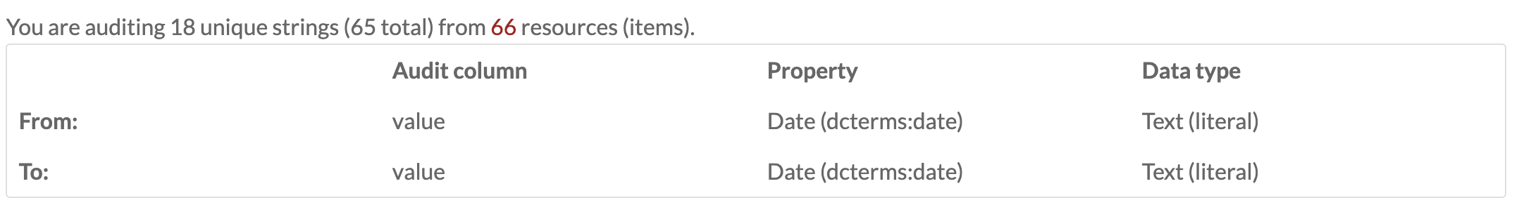 Strings message and table for an audit. This audit has 18 unique strings for 66 resources, and the to and from information is identical