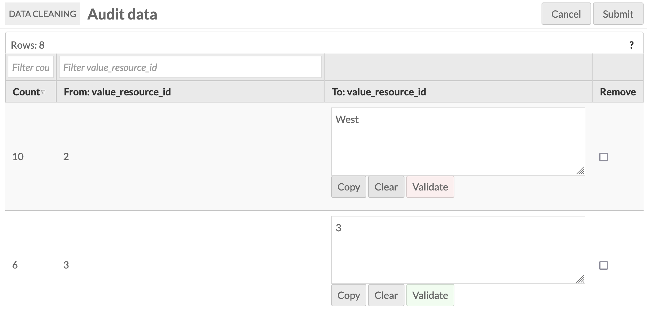 Audit edit table with invalid string in the first row of the To column, the validate button is red indicating a data type mismatch; the second row of the To column has valid integer data and a green validate button