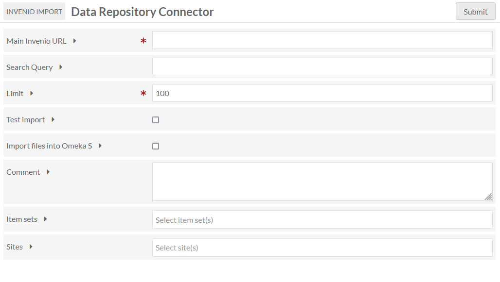 The Invenio import screen