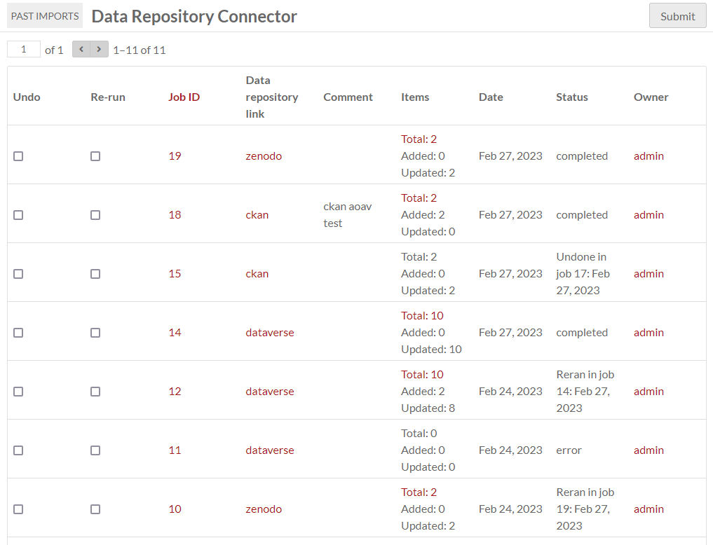 The screen showing past imports from the Data Repository connector